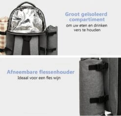 Kono Koeltas - Koelrugzak - Picknick - Picknicktas Met Flessenhouder - Koelrugtas Met Picknickkleed - Grijs (E6915 GY) -Gekoelde Tassen Winkel 1200x1145 1