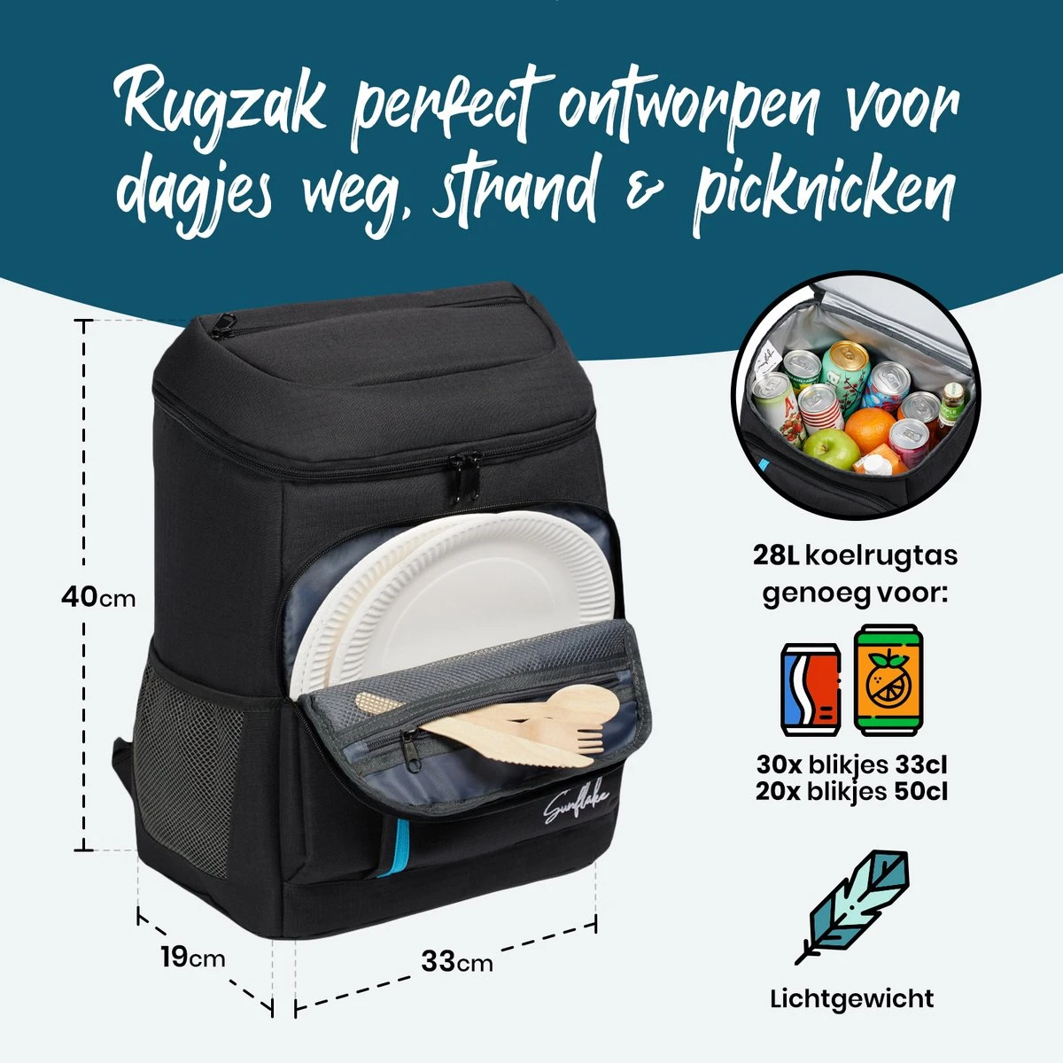 Sunflake Koelrugzak - Lunchtas - Koeltas Backpack Voor Dames & Heren - Zwart 3 Sunflake Koelrugzak - Lunchtas - Koeltas Backpack Voor Dames & Heren - Zwart - Afbeelding 3