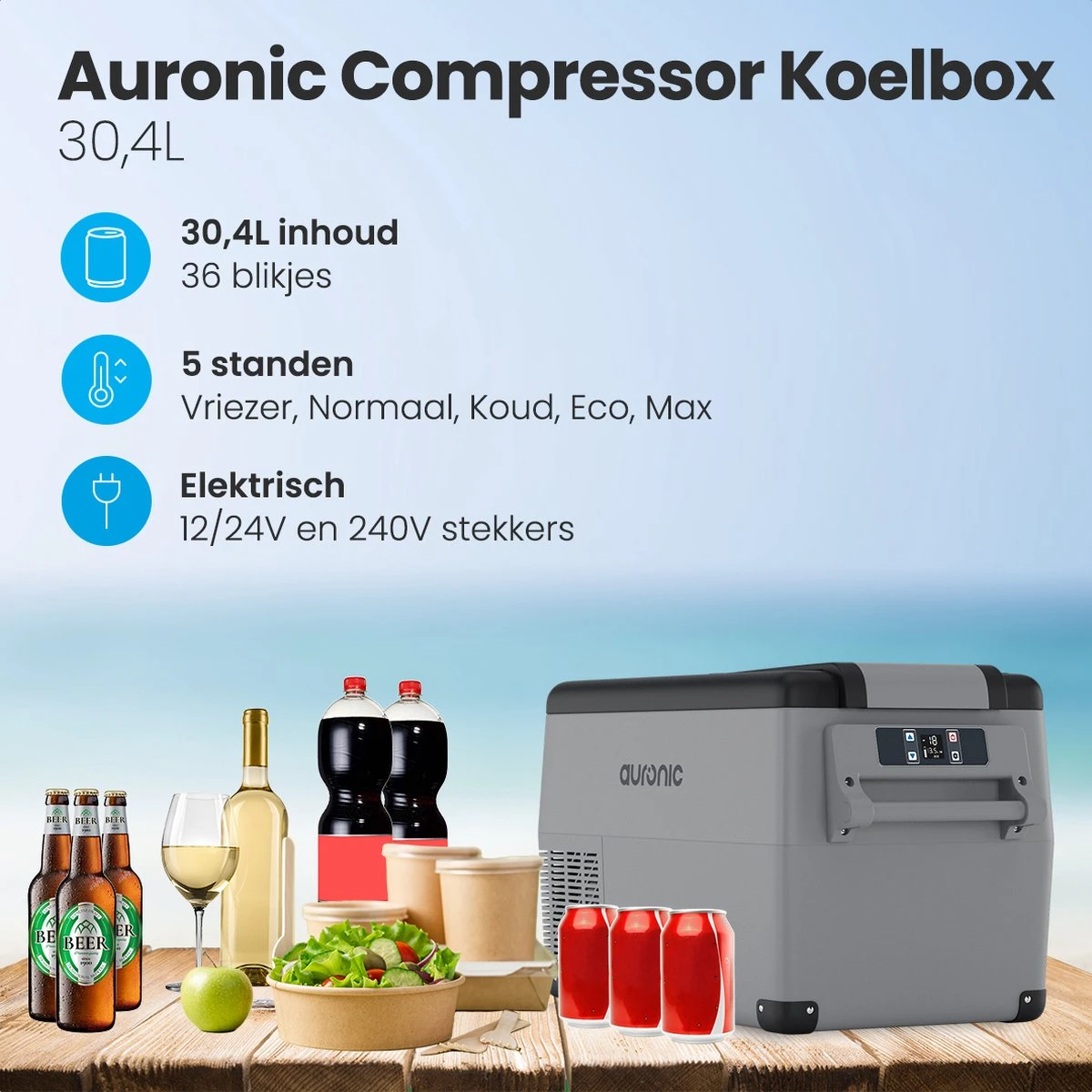 Auronic Elektrische Koelbox - 30.4L - Compressor - 12V En 240V - Grijs 2 Auronic Elektrische Koelbox - 30.4L - Compressor - 12V En 240V - Grijs - Afbeelding 2