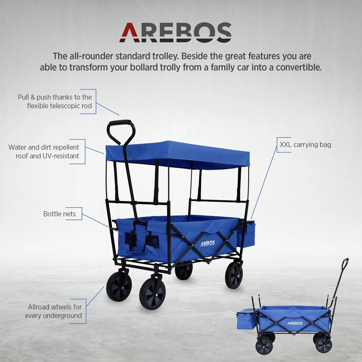 AREBOS Handwagen Vouwbare Dak Handwagen Vouwbare Trolley Uitrustingswagen Blauw 8 AREBOS Handwagen Vouwbare Dak Handwagen Vouwbare Trolley Uitrustingswagen Blauw - Afbeelding 8